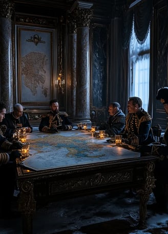 Snow swirling outside the grand Winter Palace in Saint Petersburg, Tsar Alexander I in rich imperial