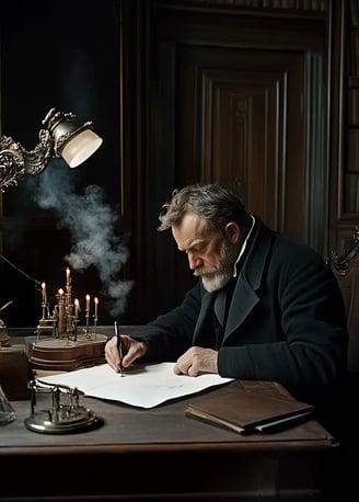 Alfred Nobel sits at a mahogany writing desk, his quivering hand sealing the parchment will