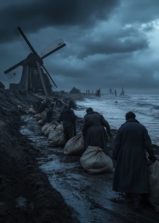 stormy dusk along the Dutch coastline, villagers in heavy wool cloaks stacking sandbags