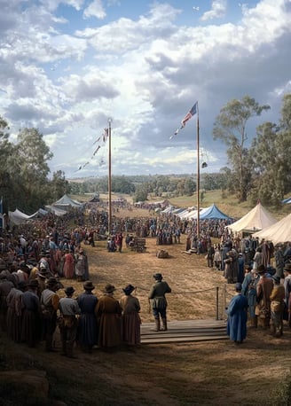 Sunny spring afternoon, 1837, open field in Melbourne, large crowd of men, women, and children