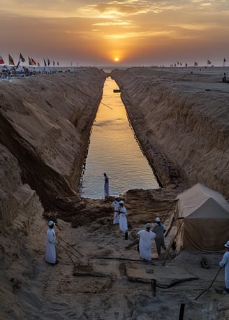 sunrise over the northeastern Egyptian coast, engineers and Egyptian workers setting up flags