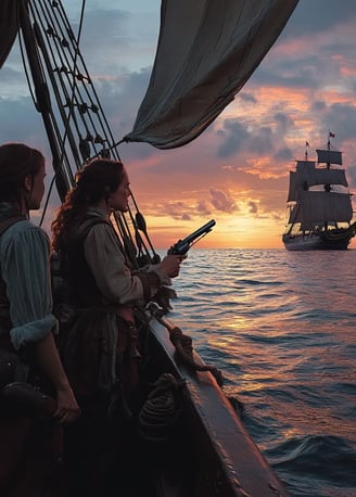 sunset on Caribbean waters, pirate sloop “Revenge” drifting near the Jamaican coast