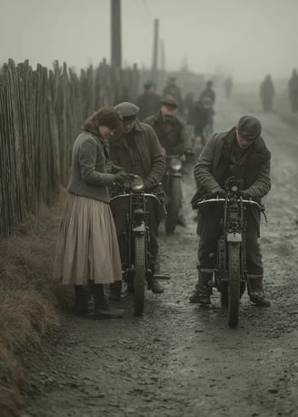 Early morning mist on a muddy Surrey country road in 1897, leather-clad riders adjust goggle