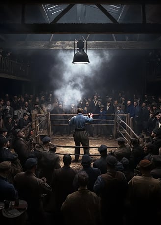 underground 1880s boxing ring crowded with rowdy spectators in waistcoats and bowler hats, cigar smo