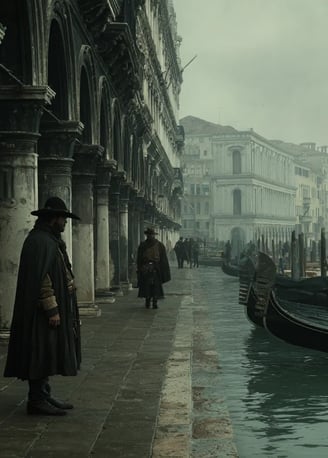 A Venetian physician in a black cloak and wide-brimmed hat observes