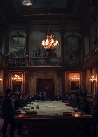 War Council in Santiago: In a grand colonial hall lit by oil lamps