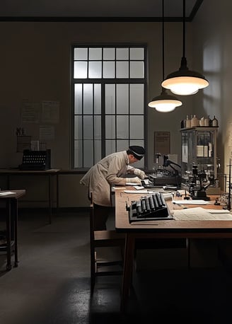 1932 FBI lab opens, examiner arranges tools, radios, microscope.