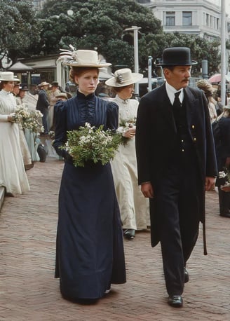 Early spring morning outside Parliament House, women in navy blue and cream Edwardian dresses clutch