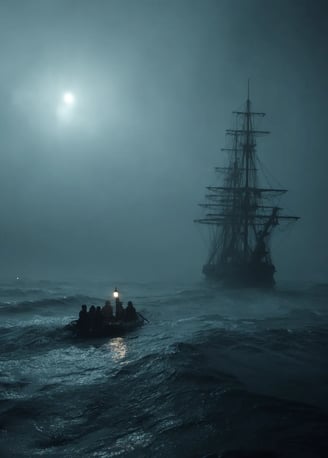 Medusa’s fractured bow and broken mizzenmast protrude from tumultuous waves under a storm-swept sky