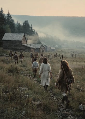Pale dawn light on rolling farmland dotted with log cabins and smoke-wreathed barns