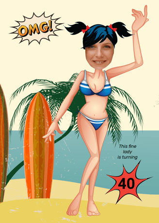 a cartoon girl in a bikinisuit with a surfboard