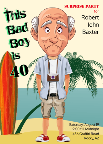 a cartoonish looking man with a surfboard