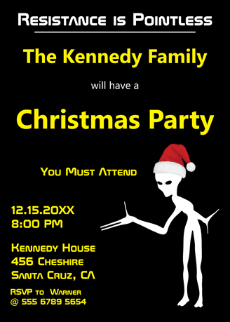 a poster for a christmas party with a alien - like alien - like character