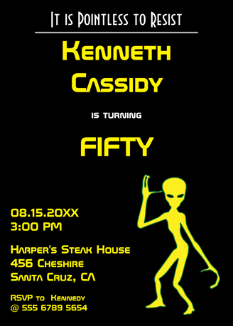 a poster of an alien for a fifty birthday party