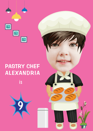a cartoon character with a chef hat and a pastry