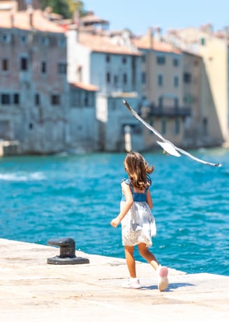 A young girl chasing a seagull along to coast of the Adriatic Sea