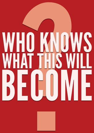 A placeholder cover, reading "who knows what this will become". The background is a bold red.