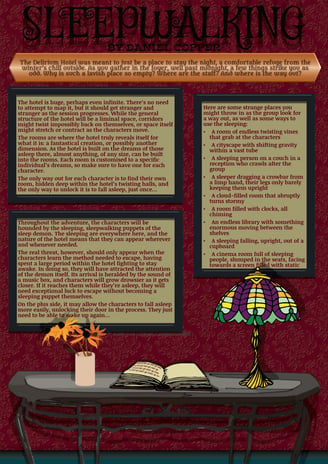 The cover of Sleepwalking, showing framed boxes of text on a red background.