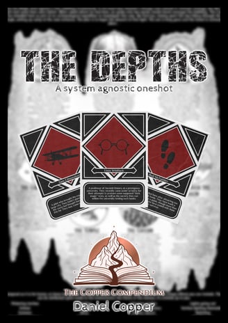 The cover of The Depths, showing a blurred version of the game with a spread of character cards in front of it.