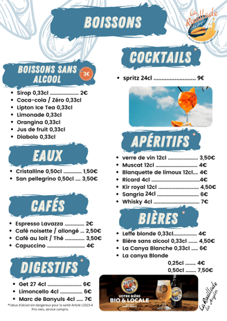 Carte des boissons de La Rouillade à Argelès :softs, cafés, cocktails, apéritifs, bières et digestif