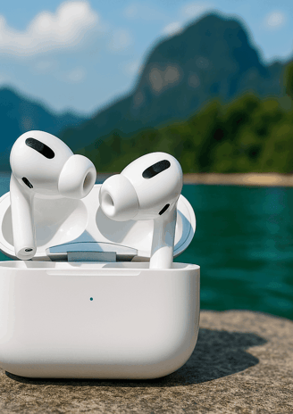 AirPods Pro 2 sitting on a rock with the turquoise waters of a Thai beach in the background