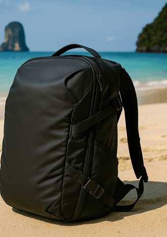 A Peak Design Travel Backpack resting in the sand on a Thai Beach with the ocean in the background