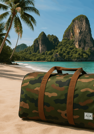 Herschel camo duffle bag sitting in the sand of a Thailand beach with the ocean in the background