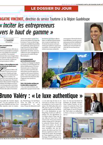 Extrait d’un article de presse dans France-Antilles où Bruno Valery évoque le luxe authentique comme moteur de l’hospitalité 