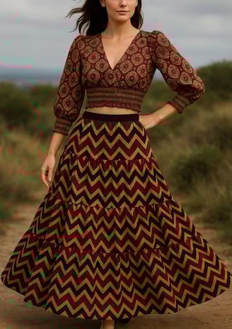 a woman in a long dress standing in a field