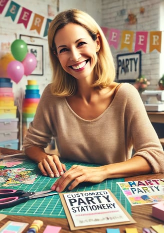 a woman sitting at a table with a party book