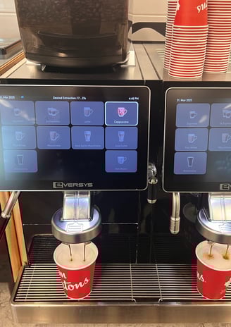 Eversys twin-head espresso machine brewing cappuccinos at Tim Hortons in South Florida