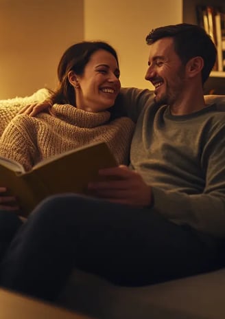 a man and woman sitting on a couch in a living room