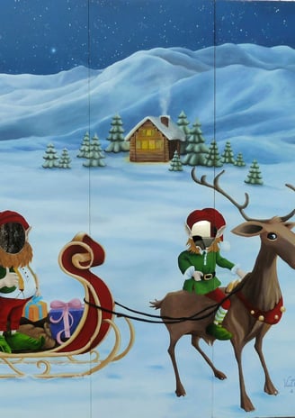 Un décor évènementiel amusant destiné aux animations des fêtes de Noël d'un village. Des lutins au milieu d'un paysage enneig