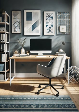 Home office vertical minimalista com decoração geométrica e iluminação natural.
