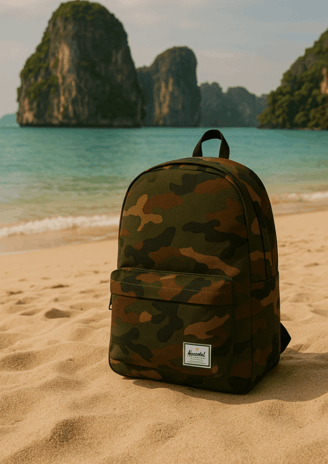 A Herschel classic backpack in camo resting in the sand of a Thai beach