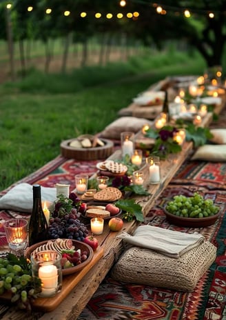 Rustic picnic-style table in a field with fruits, candles, and floor cushions.