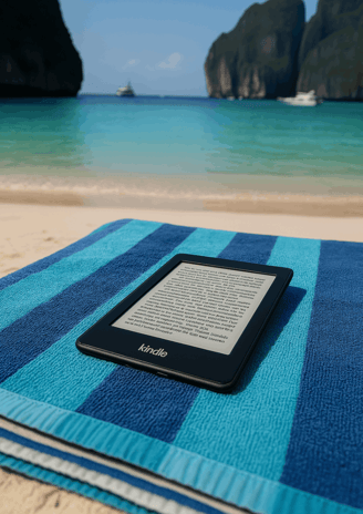 A Kindle Paperwhite resting on a beach towel with the ocean in the background