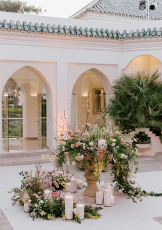 Outdoor dining area at Villa El Rincon in Marbella, with beautiful decorations for a Mediterranean destination wedding.