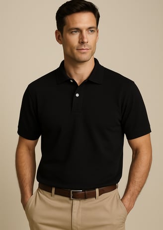 a man in a black shirt and tan pants