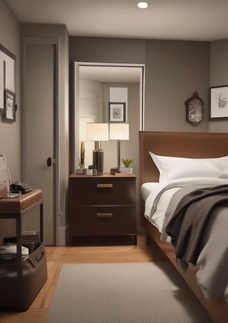 a bedroom with a bed and a nightstand