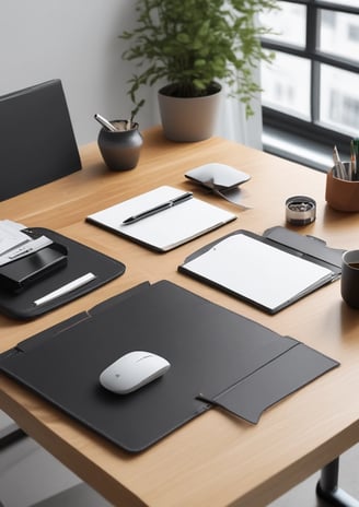 a desk with a mouse and a leather mouse pad