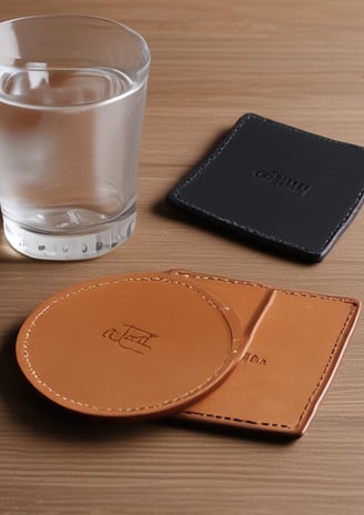 a glass of water with leather coasters