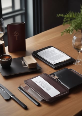 a table with a leather menu 