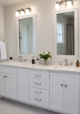 A modern kitchen sink area with wooden cabinetry and a sleek metal faucet. The minimalist design includes overhead shelving with warm ambient lighting underneath.