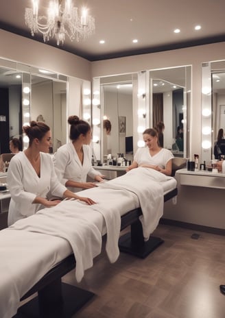 Various wellness and beauty products, including oils in bottles, a bowl of oil, dried flowers, crystals, a smudge stick, and a small dish of cream, are arranged aesthetically on a light surface. The scene is decorated with colorful flowers and herbs.