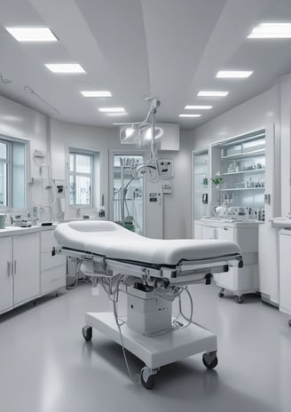 Medical equipment is neatly mounted on a white wall, including an otoscope, an ophthalmoscope, a sphygmomanometer, and a thermometer. The layout suggests a clinical setting likely intended for patient examination.