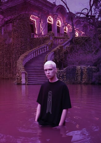 man model wearing Fulutee black T-shirt with Fu talisman Love Magnet design, standing in pink water