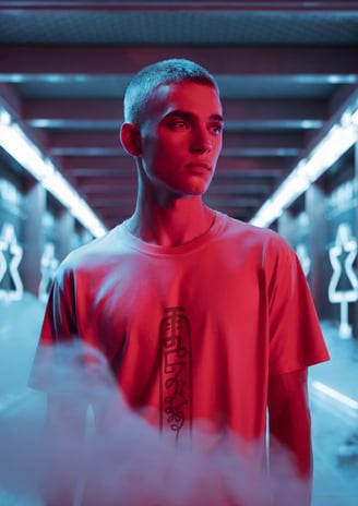 Male model wearing talisman t-shirt in futuristic neon-lit hall, FuluTee high fashion spiritual streetwear photo shoot.