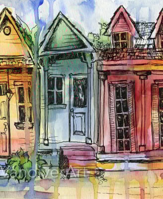 A watercolor & ink piece of New Orleans shotgun houses, by New Orleans artist Melissa Vandiver
