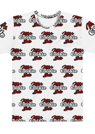 a white t - shirt with a red and black background with a red and white